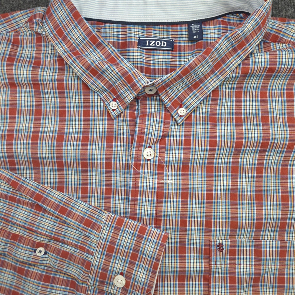 IZOD Mens 4XB Burnt Henna Plaid Cotton Blend Performance Comfort Shirt NWT